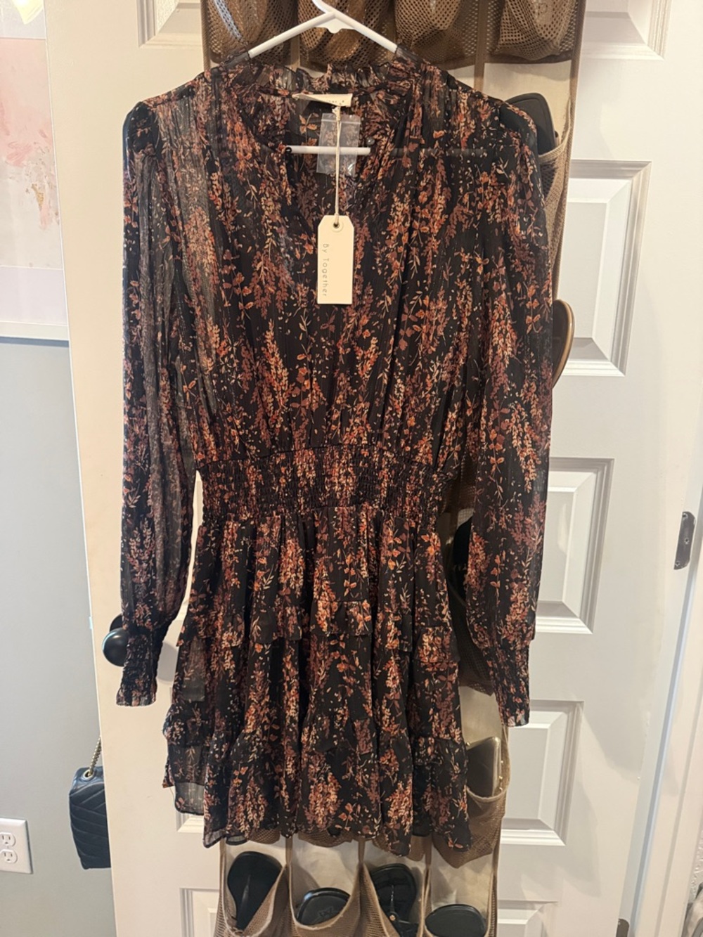 By Together Black Floral Long-Sleeve Tiered Mini Dress